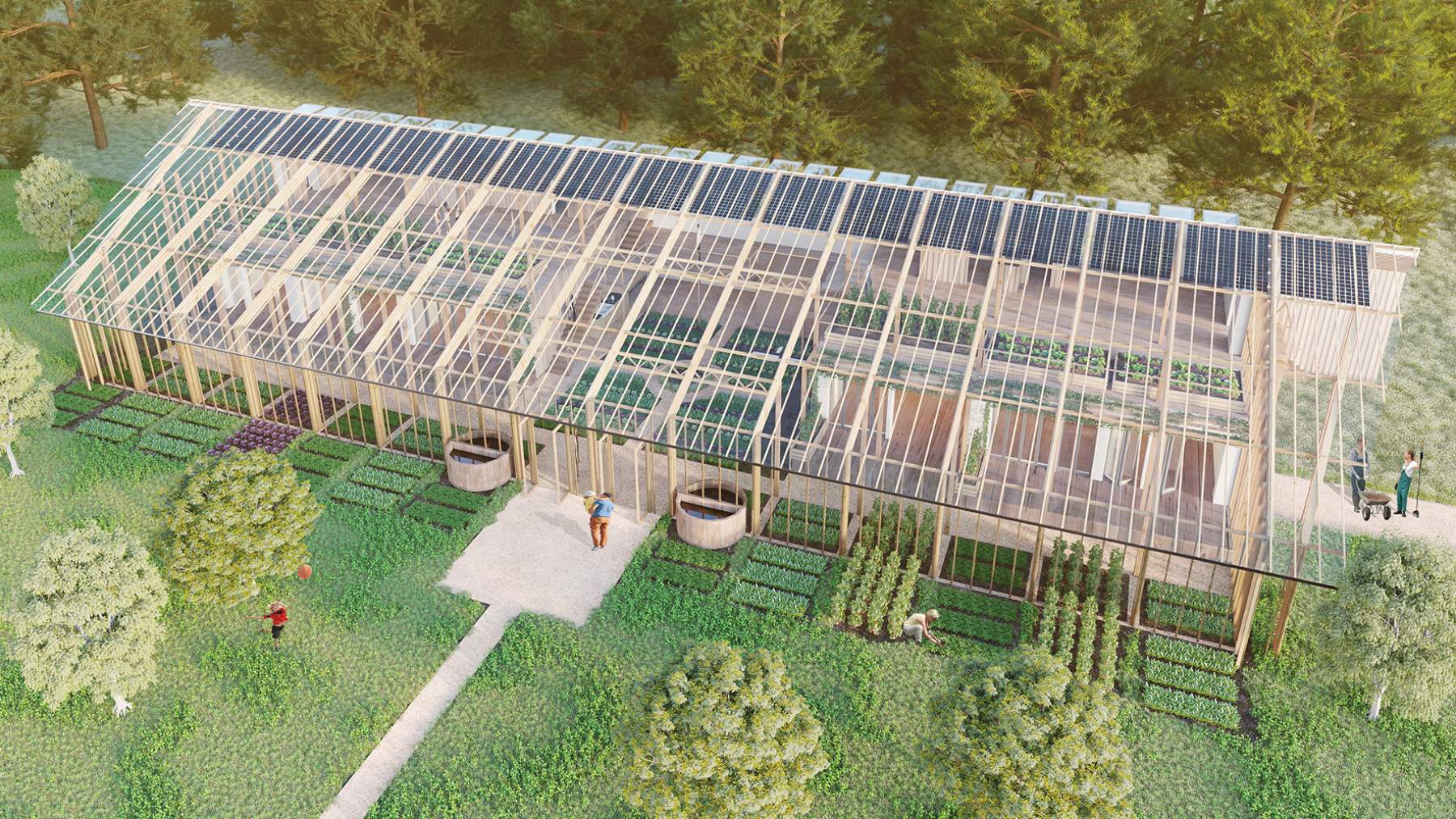 Exterior view showing integrated photovoltaic panels and south-facing food-growing areas.