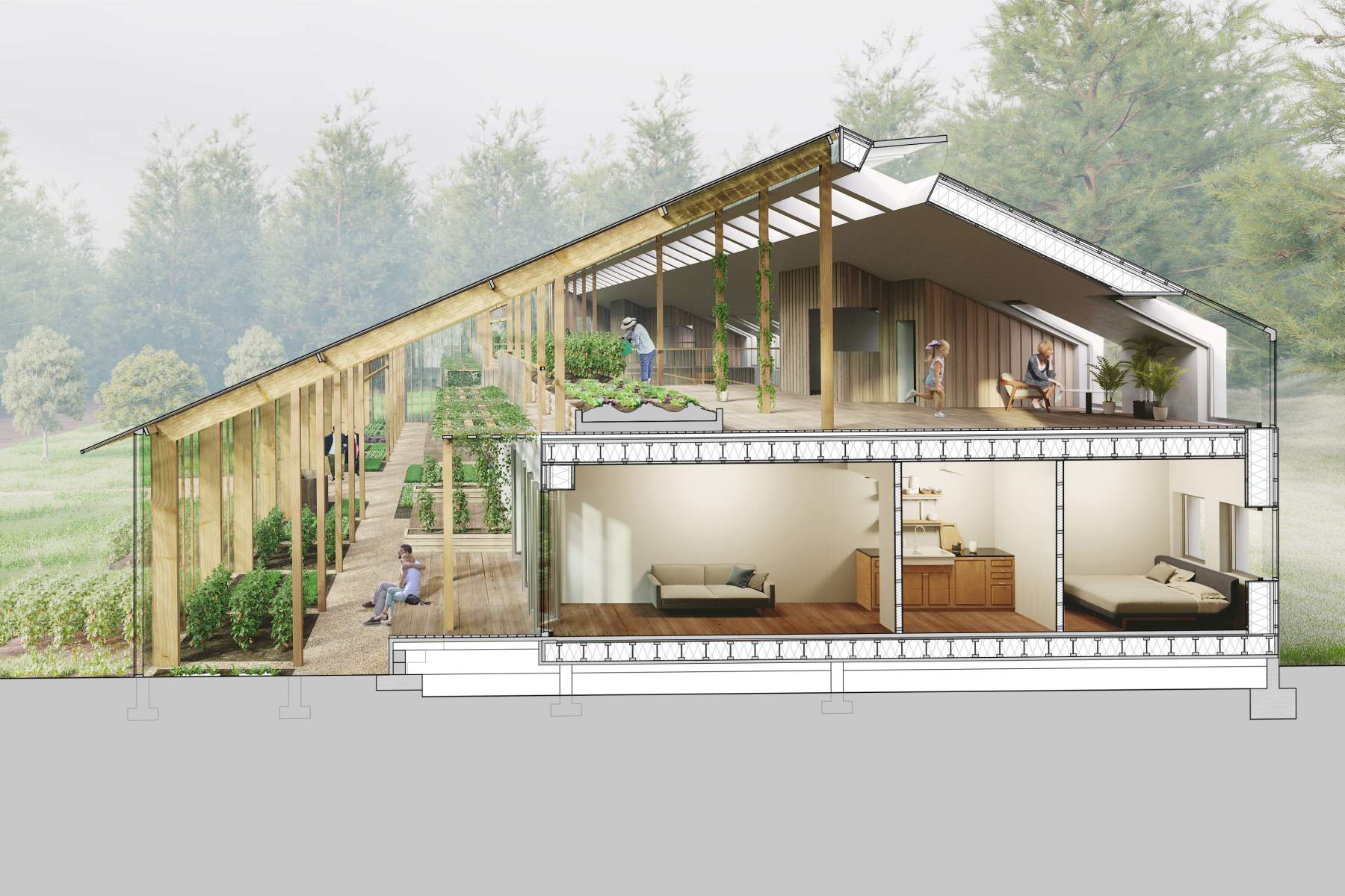 Cross-section through the Naturhus shows food growing and multi-purpose roof spaces.