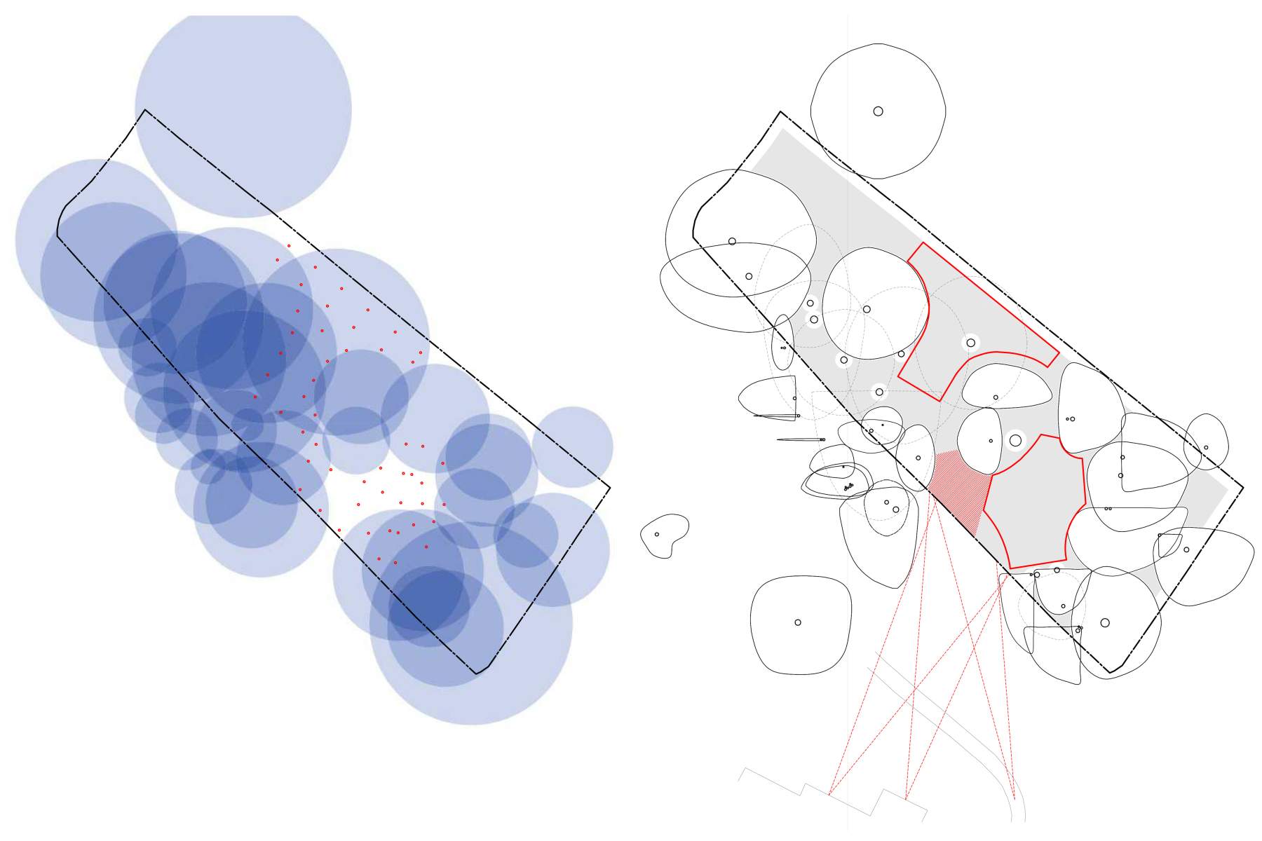 Mapping root protection areas, tree canopies and viewing angles to neighbours.